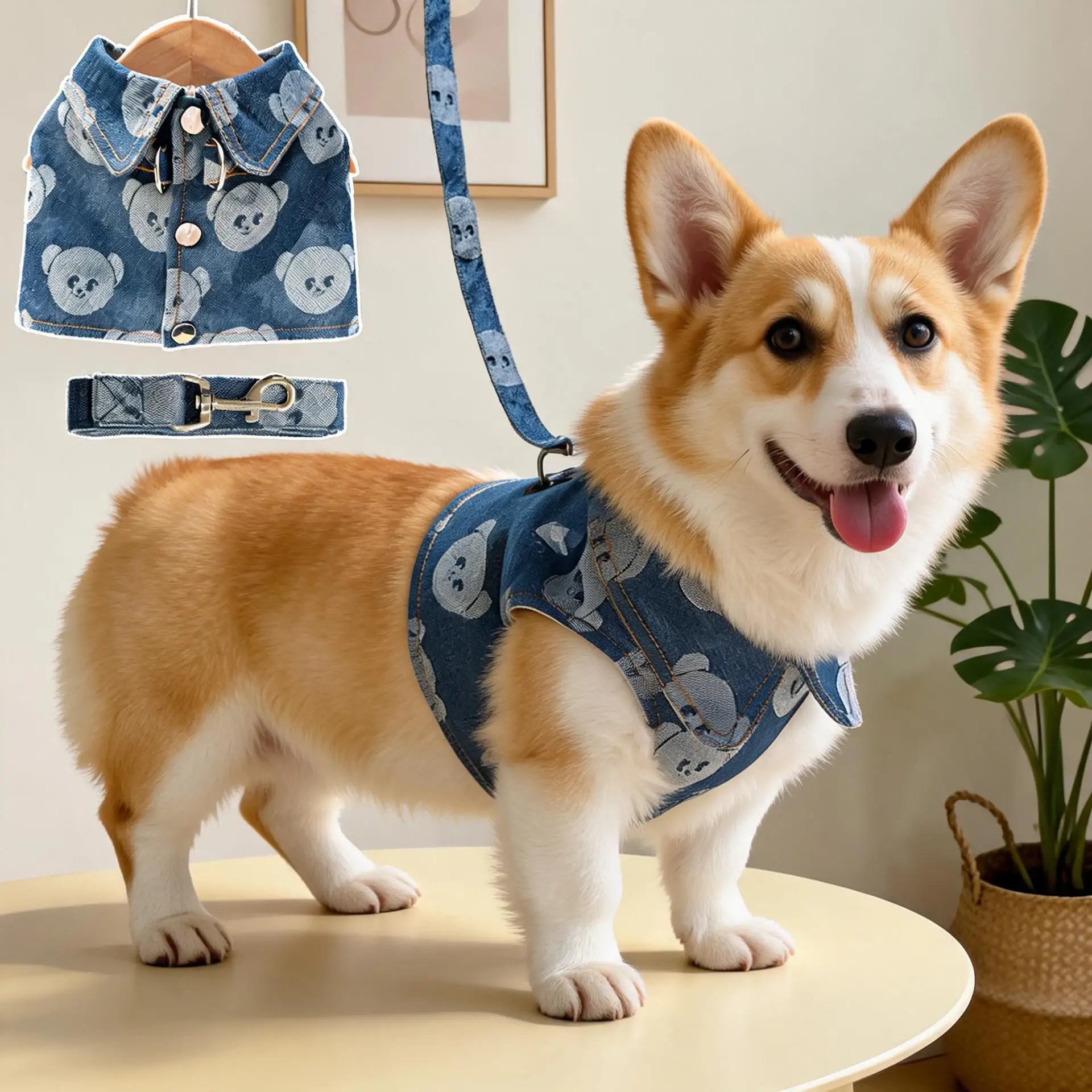 2026 New Trendy Denim Jean Dog Harness And Collar Set, Cute Blue Washed Vest With Matching Leash, Puppy Coat For Winter Autumn,_voghion.com