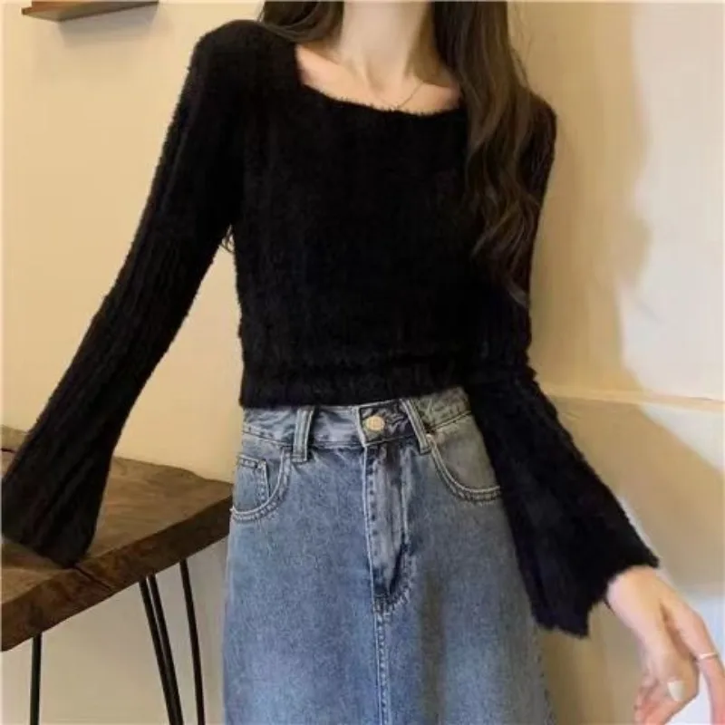 

Women's Autumn Winter Fashion Simple Solid Color Square Neck Temperament Versatile Long Sleeved Slim Fit Short Sweater Knit Tops