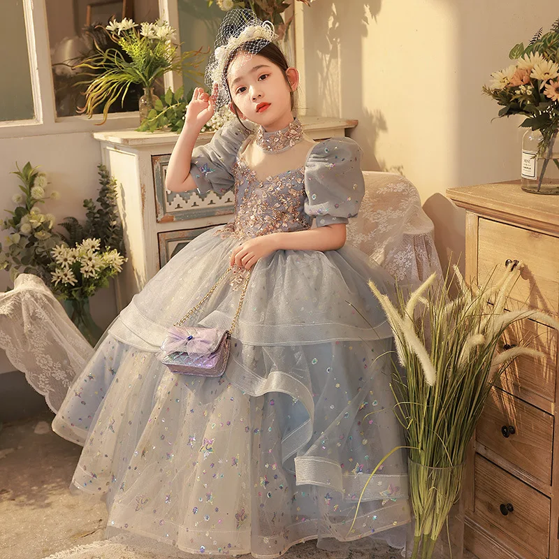 

Girl dress 2022 new girl sequins bubble sleeves princess dress for Girls birthday party cake dress children beauty pageant dress