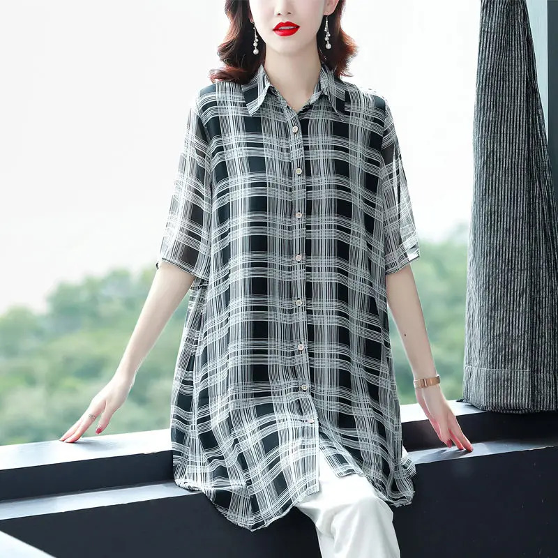 

Summer New POLO Collar Fashion Short Sleeve Shirt Women High Street Casual Plaid Button Cardigan Mid-length Ventilate Thin Tops