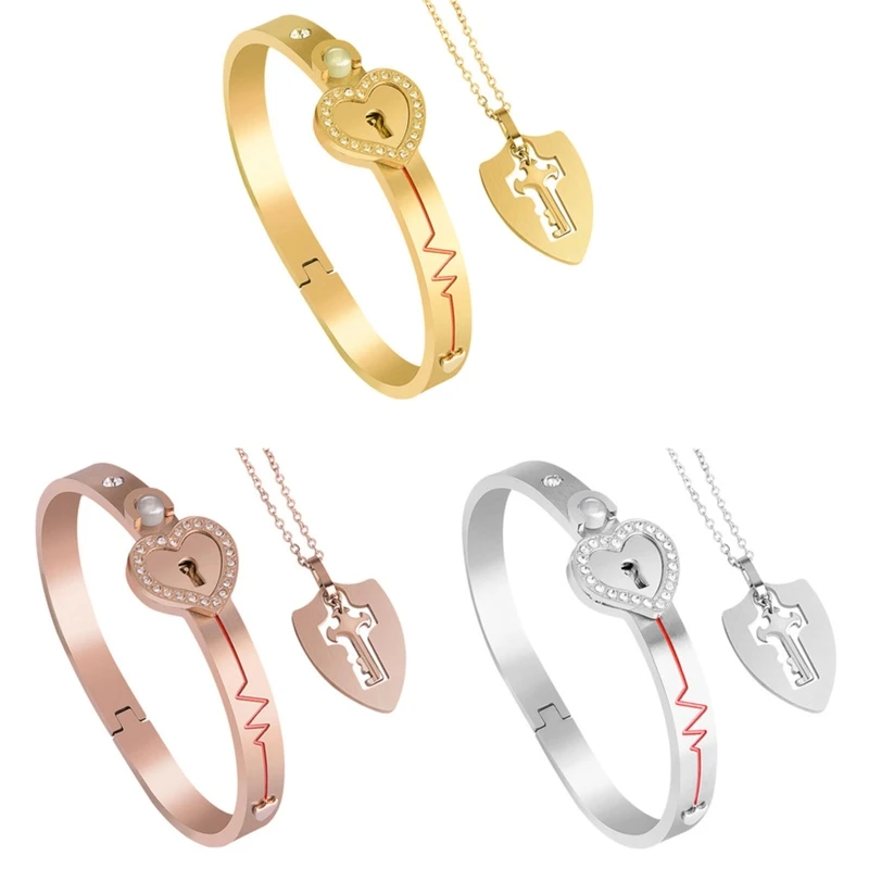 

Heart Lock Love-Bracelet Pendant Bangle for KEY Chain Necklace Lover Jewelry Set