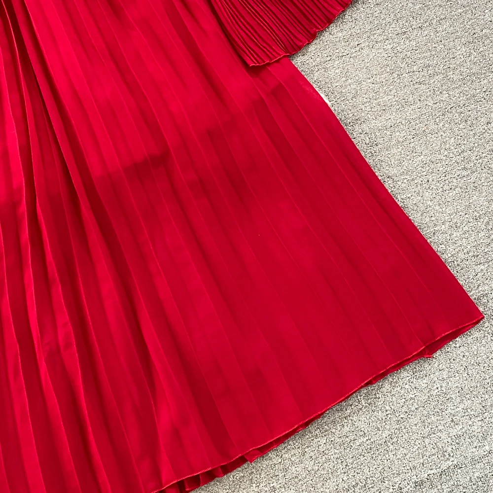 Autumn Flare Sleeve V-neck Midi Dresses for Women Solid Pleated A-line Elegant Party Dress Korean Fashion One Piece Vestidos New