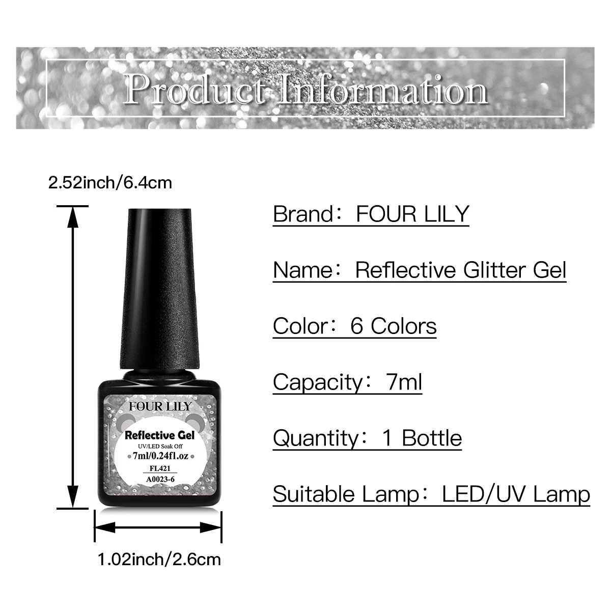 Description Picture 3 of itemFOUR LILY 7ml Reflective Glitter Gel Nail Polish Champaign Gold Silver Nail Art Semi Permanent UV LED Gel Varnish For Manicure