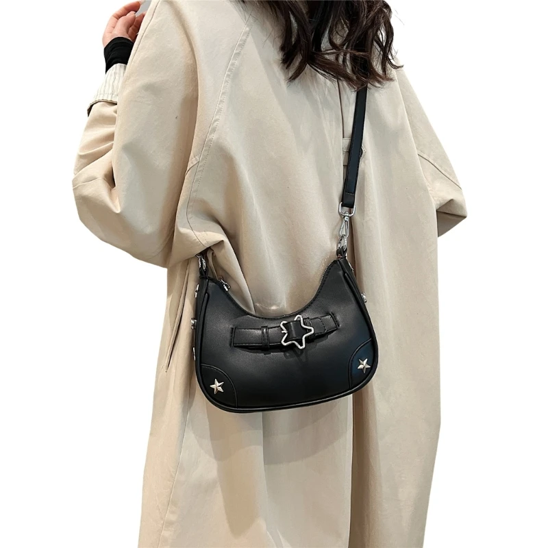 Women Shoulder Crossbody Bag PU Leather Star Buckled Handbag for Daily Activity E74B