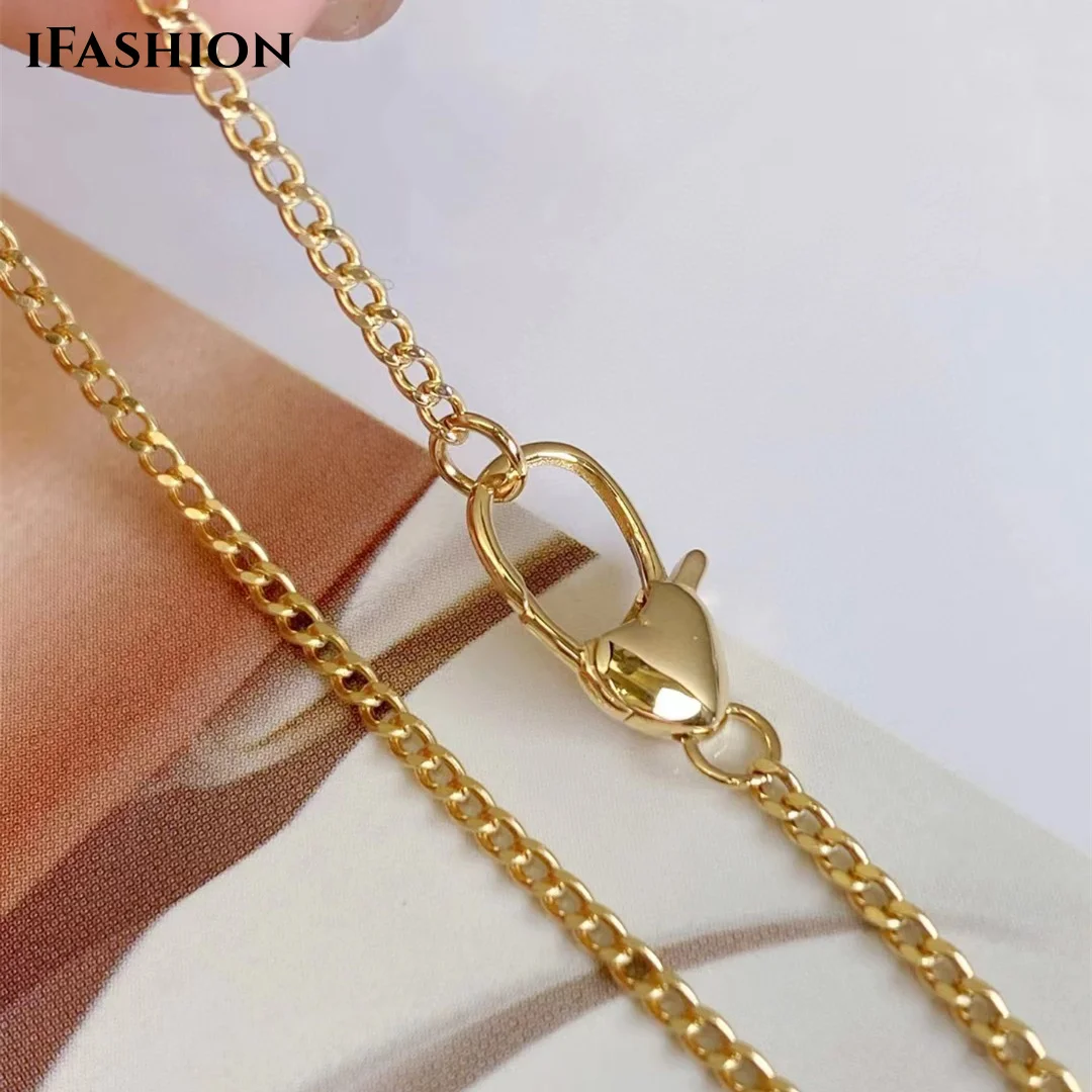 

IFASHION Real 18K Gold Women's Necklace AU750 Universal Buckle Cuban Chain Festival Great Gift Fashion Simple Style Fine Jewelry