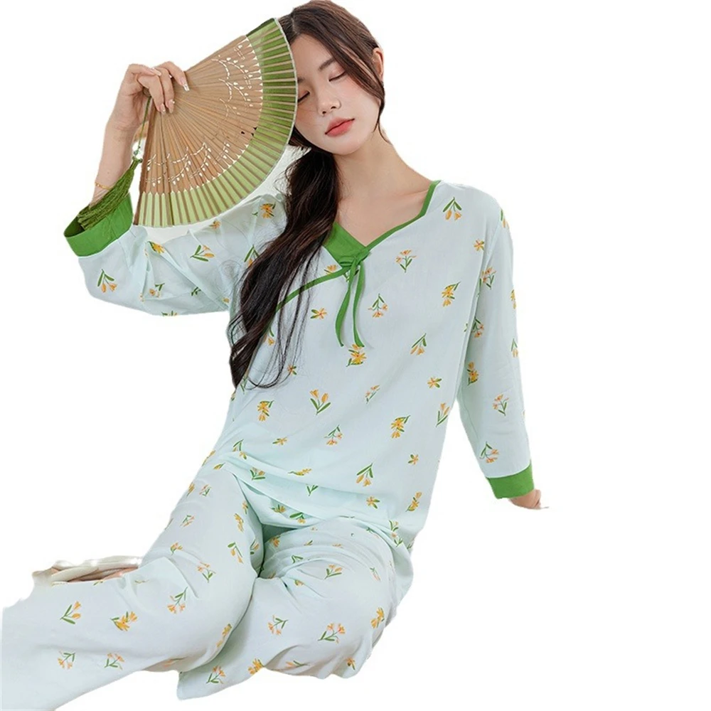 

New Chinese Style Viscose Spring Summer Sleepwear Suit Floral Printed Thin Breathable Long-sleeved Pullover Pajamas Set Homewear