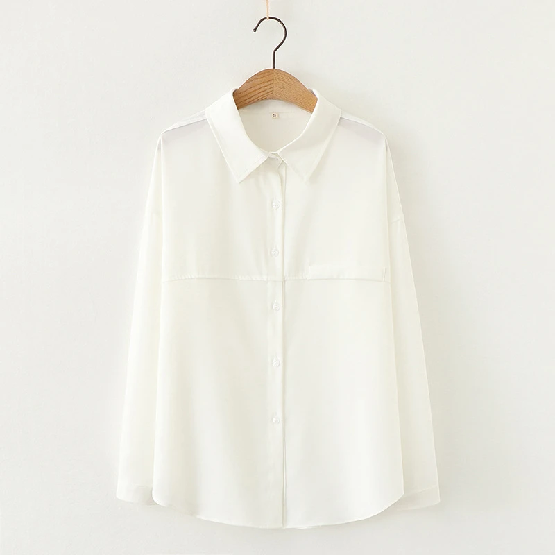 

Girls's Top Korean Summer Autumn Casual Loose Work Clothes Fake Pocket Flip Collar Chiffon Cardigan Long Sleeve Shirt For Women