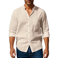 Men's Lightweight Breathable Cotton Linen Henley Shirt - Solid Color, Slim Fit, Long Sleeve Button - Up - XXXL (Khaki)