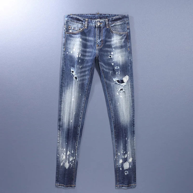Street Fashion Men's Jeans Retro Blue Elastic Slim Fit Open Hole Jeans Men's Panel Designer Hip Hop Brand Versatile Men's Pants