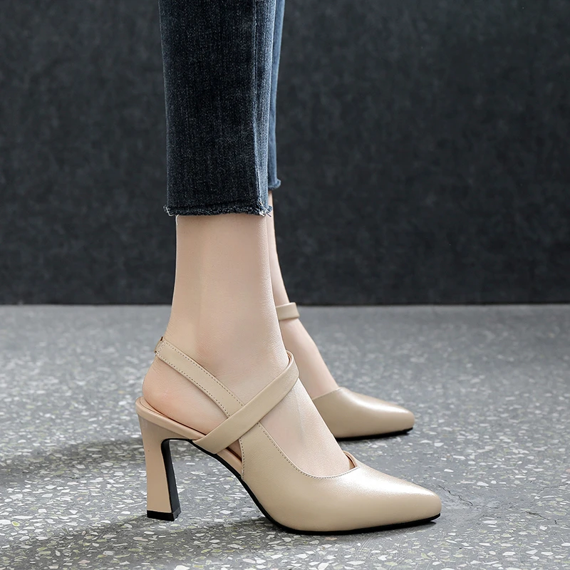 Women Sandals Soft Leather Solid Color Summer Thick Heels Baotou High-heeled