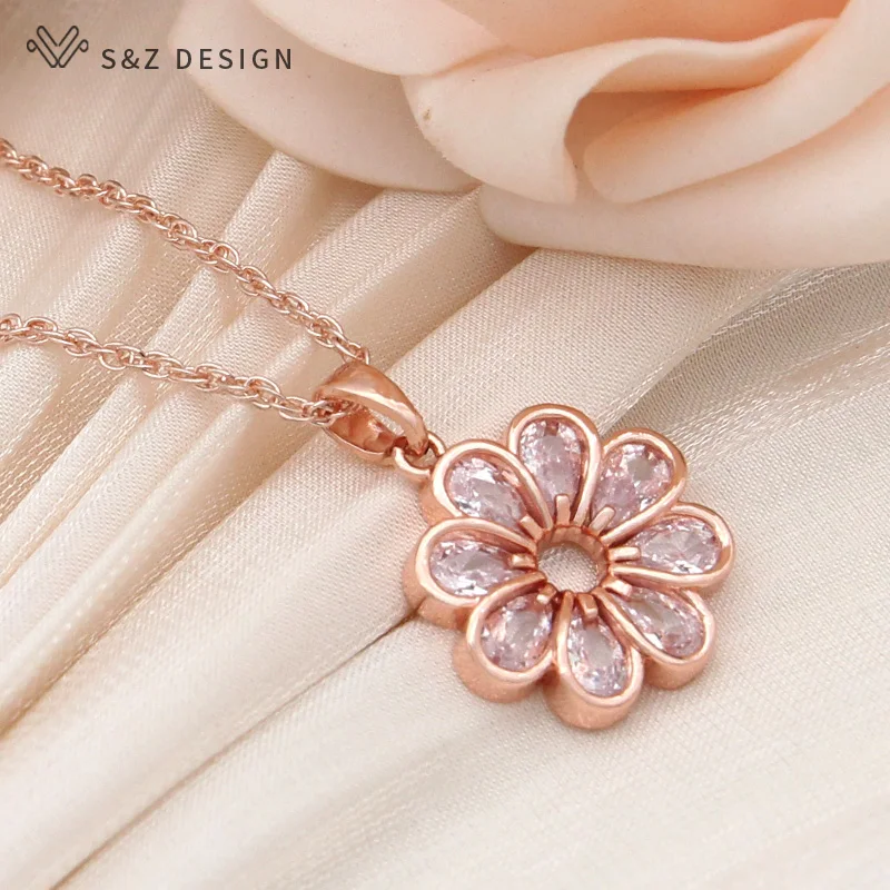 S&Z DESIGN New Fashion Cubic Zirconia Flower Dangle Earrings Jewelry Sets For Women 585 Rose Gold Color Pendant Necklace