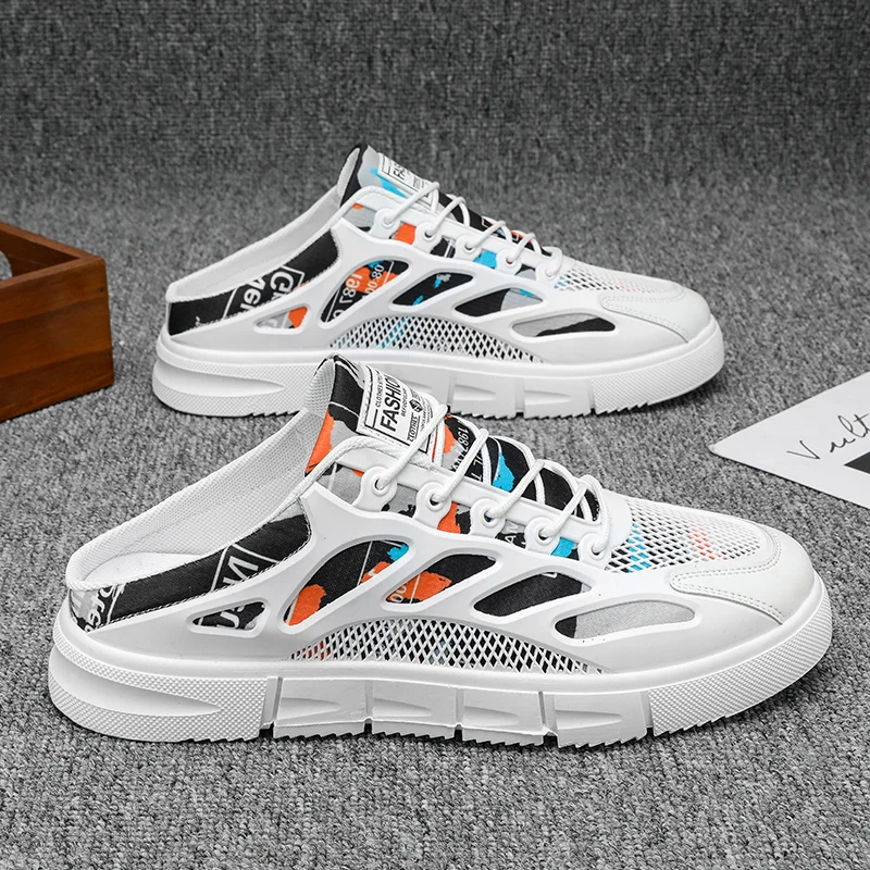 

Trendy Heelless Slippers Lightweight Men's Mesh Shoes Breathable Casual Slippers Non-slip Outdoor Half Slippers Plus Size