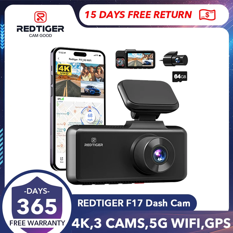 Redtiger 3 Channel Car Camera 4K Dash Camera Per Ir Night Vision Car Dvr Per 5G Wifi Triple Car Camera S Gps Integrato Wdr