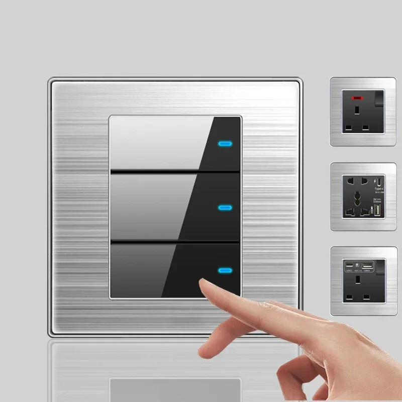 Pannello In Acciaio Inossidabile Con Interruttore Universale A Luce Led Da Parete, Eu Uk Usb Type-C 18W Presa A Ricarica Rapida 1 2 3 Gang 1 Interrutt