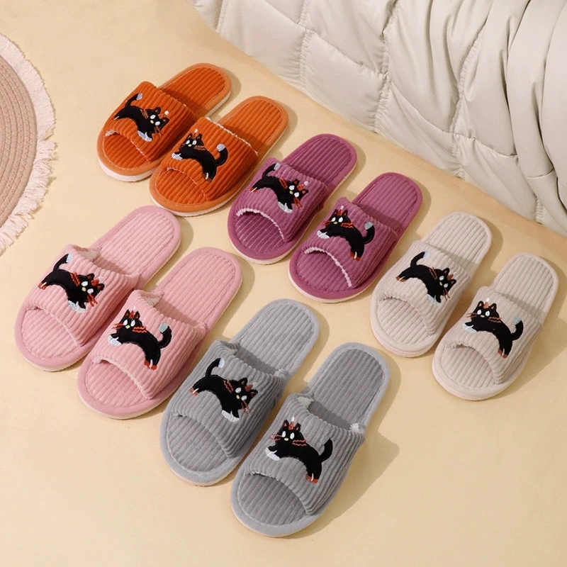 Cartoon Embroidery Cat Women's Slippers Spring Autumn Funny Flat Heel Corduroy Slides Woman Indoor Non Slip Home Cotton Slippers