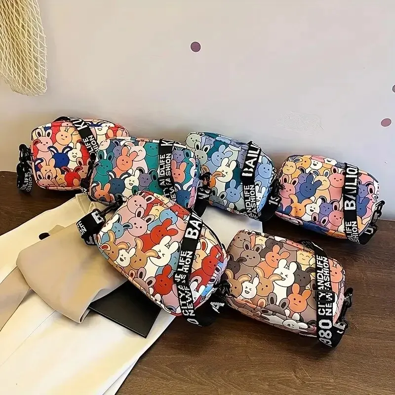 Cartoon Bunny Pattern Square Bag Trendy Zipper Shoulder Bag Kawaii Oxford Cloth Square Purse Mobile Phone Key Cross-body Bag