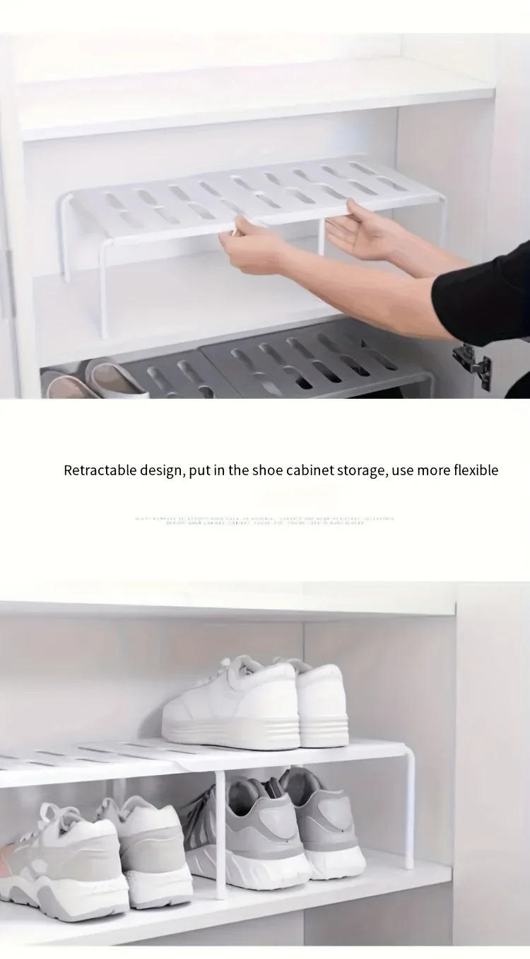 Verstellbares Schuhregal aus Kunststoff, mehrstufiger Aufbewahrungsorganizer, platzsparend für Sneaker, Hausschuhe, Zuhause, Wohnheim, Kleiderschrank, Weiß, Grau, Modern – Detail 7