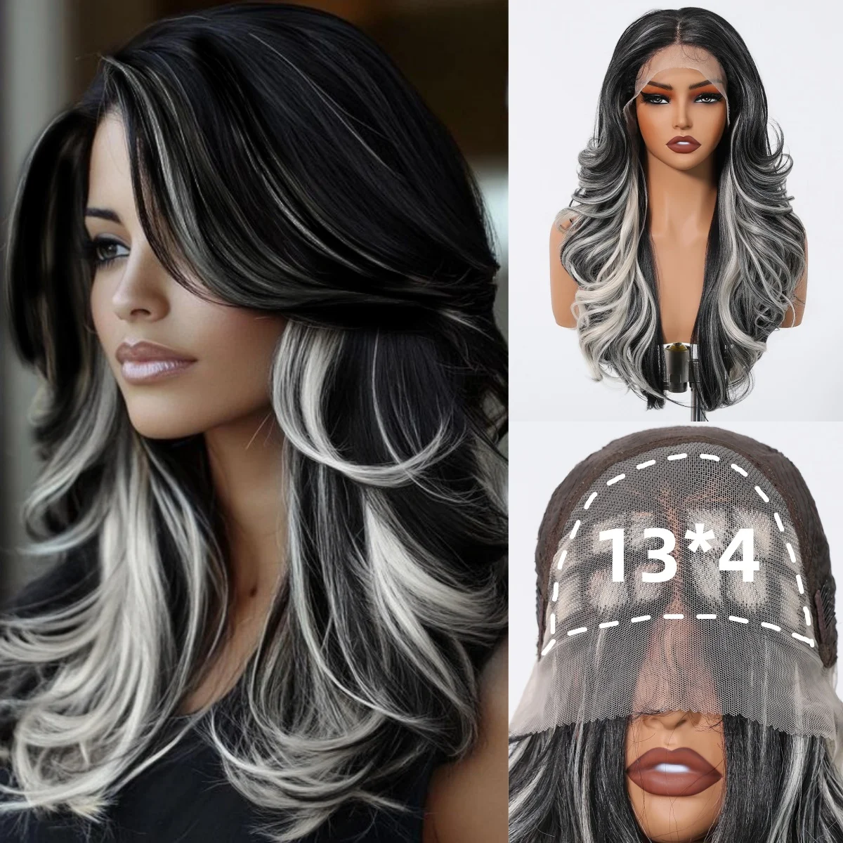 HENRY MARGU Long Wavy Synthetic Lace Front Wig Black White Highlight Curly Wig 13*4 Lace Frontal Natural for Women Daily Use synthetic wig