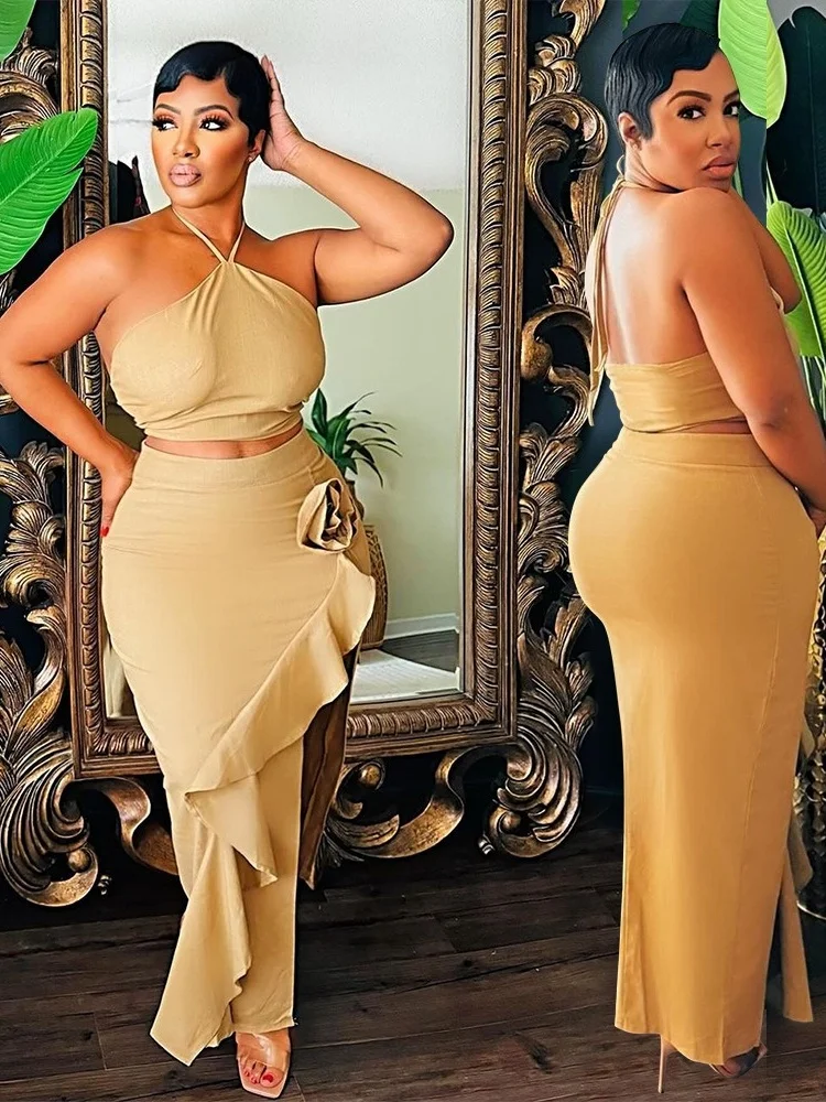 Wmstar 2 Pieces Set for Woman 2025 Wholesale Skirts Sets Sleeveless Solid Summer New Side Opening Ruffle Lace Up Drop Shopping