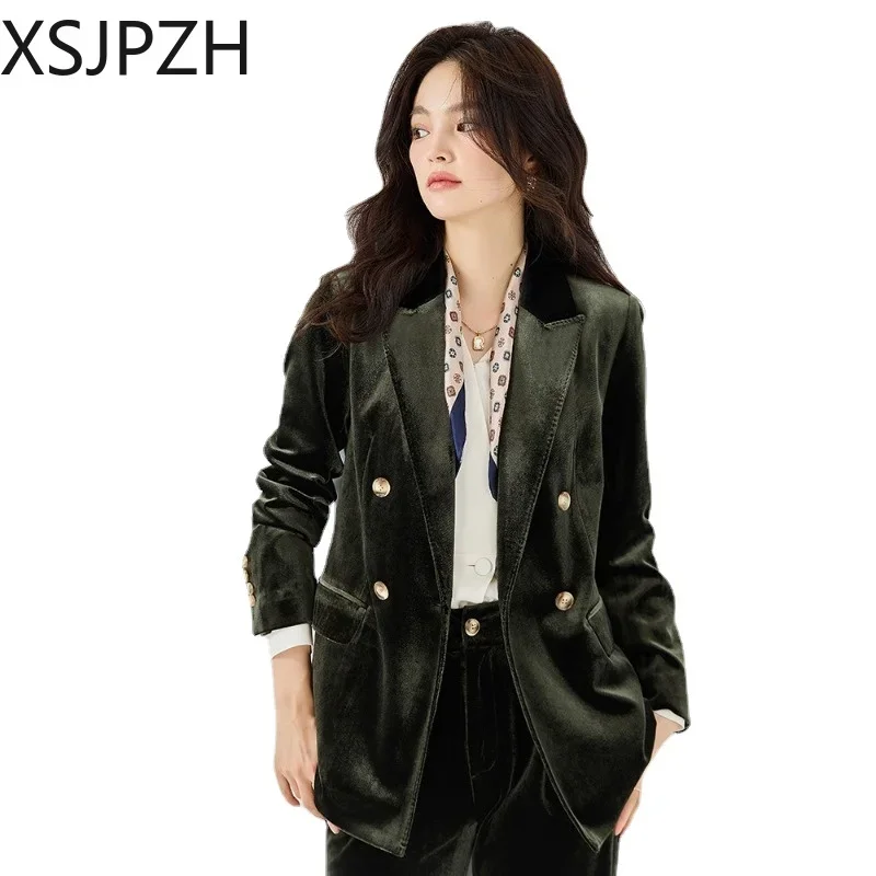 2024 Retro Luxury Velvet Loose Two Piece Suit Women Clothing Autumn Lady Office Coats Tops Female Long Straight Pants Trousers