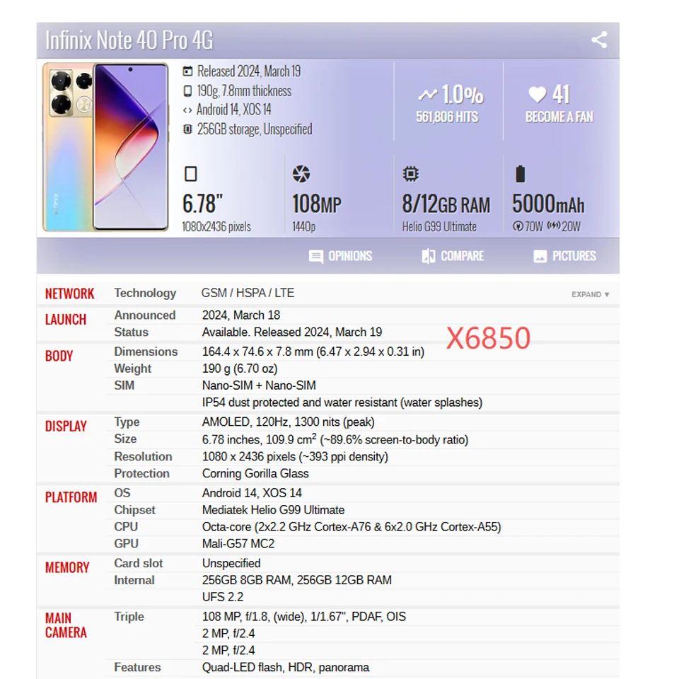 인피닉스 노트 40 프로 4G X6850 터치 스크린 전면 외부 유리 패널 렌즈 (인피닉스 노트 40 프로+ X6851B용) OCA 교체 포함