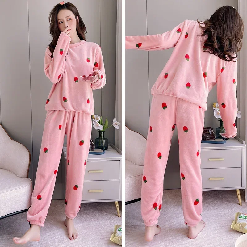 Sleepwear Autumn Winter Warm Women Pajamas Coral Fleece Pajamas Flannel Thick Pajama Sets Loungewear Long Sleeve Loose Korean