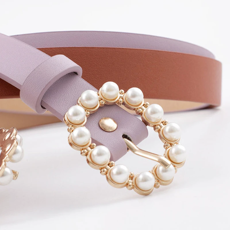 Fashion Pearl Decorative Belt Ladies Belt Round Pin Buckle Pearl Belts Women\'s Casual Solid PU Leather Thin Belt