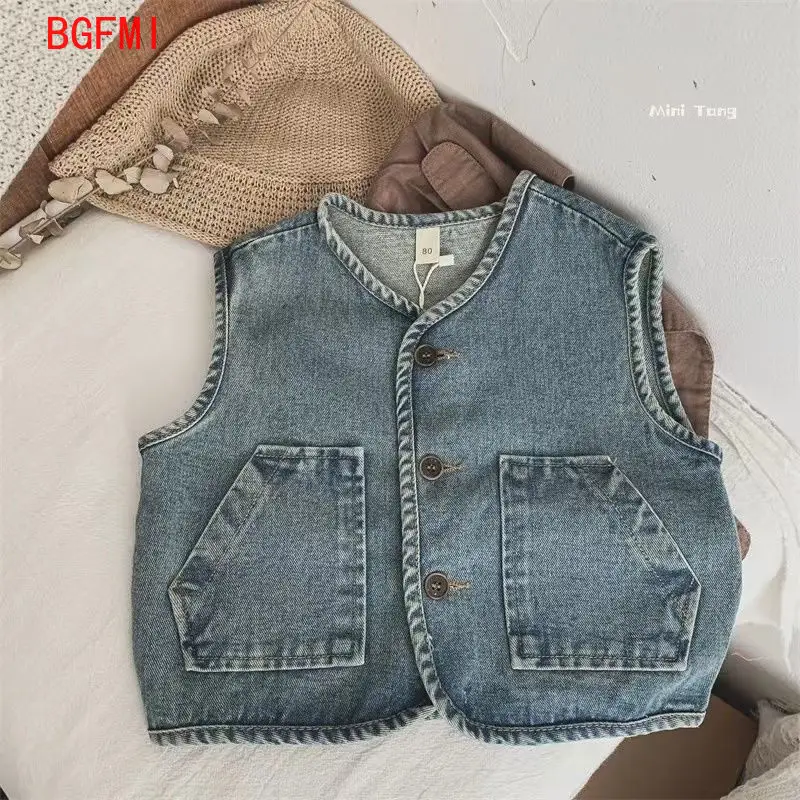 Girl Spring Autumn Unisex Sleeveless Jacket Toddler Tops Children Clothes Boys Denim Vest Brother Sister Outfit 1-9Y Waistcoats