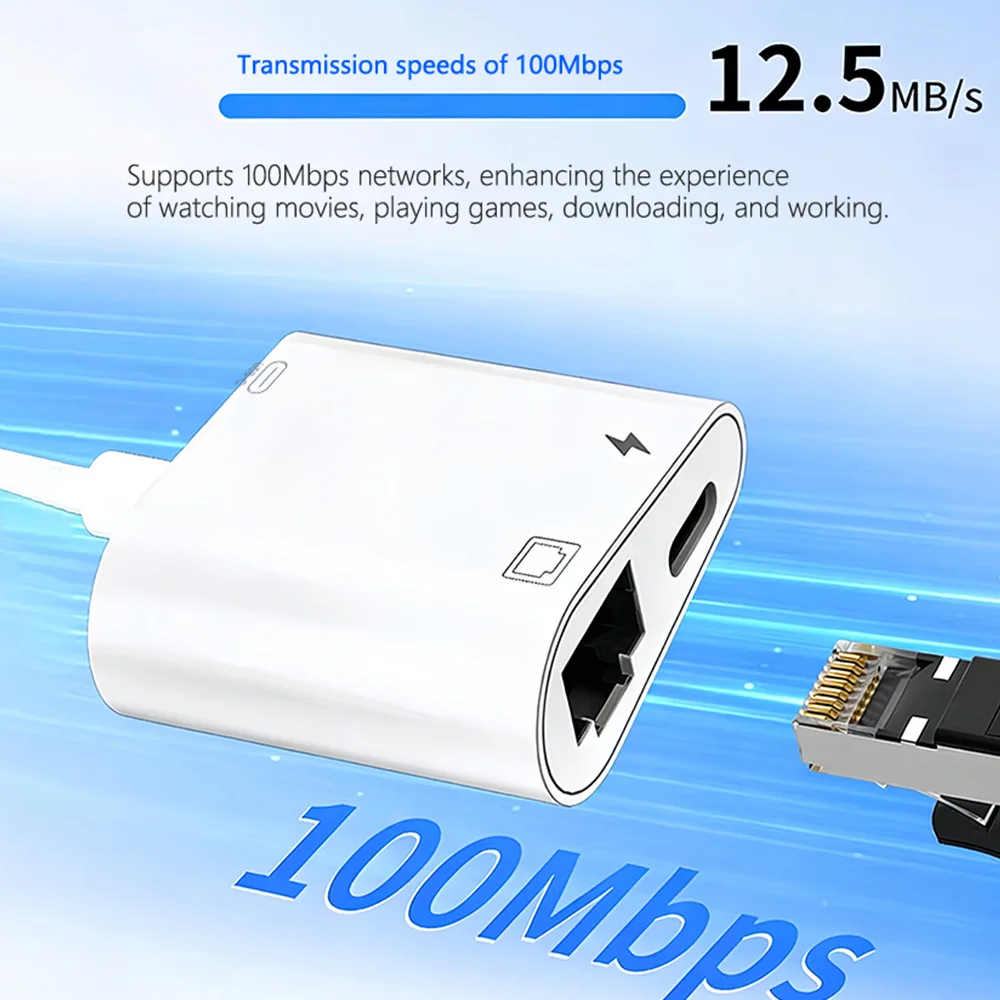 라이트닝-네트워크 카드 RJ45 라이트닝 3 in 1 어댑터 (아이폰 14, 13, 12, 11 Pro용) 이더넷 충전 데이터 전송 어댑터