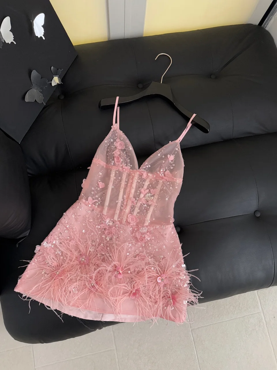 Women's Spring Summer Elegant Strap Feather Patchwork Sequined Mini Dress Lady Holiday Party Sexy Fishbone Waist Mini Dress