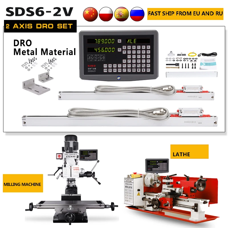 

SINO 2 Axis DRO Set Digital Readout Display with 0.001mm Slim Linear Scale Small Grating Glass Encoder Milling Drilling Machine