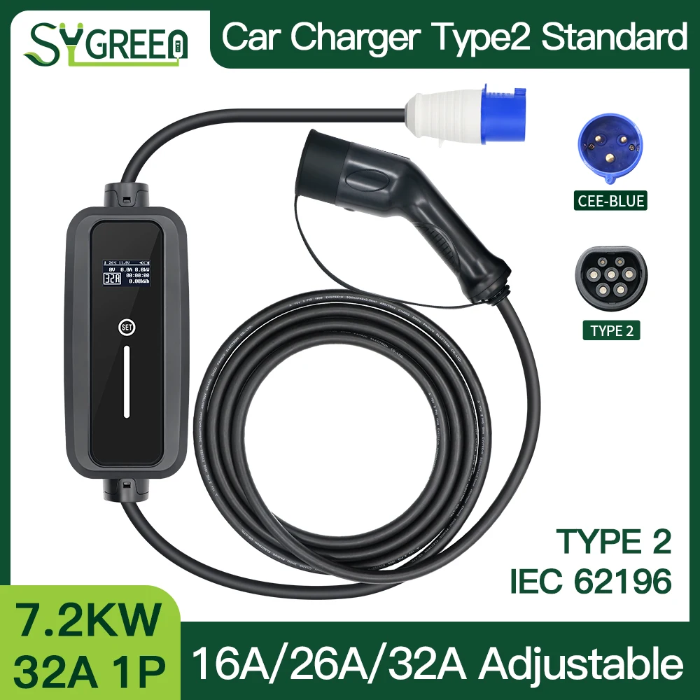 

New Update Touch Screen 32A 1P 7.2KW EV Charger Wallbox With Cee Blue Plug 220-250V Type 2 IEC 62169-2 Standard With Cable 5M