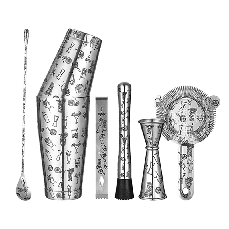 Tattoo Stainless Steel 7 Piece Cocktail Set Tin-on-Tin Shaker Jigger Spoon and Strainer Etched with Cocktail/ Hawaiian Imagery