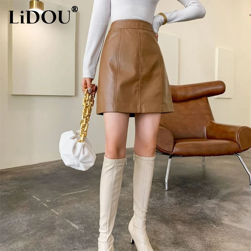 Spring Summer High Waist Elegant Fashion Mini Skirt Ladies Sexy Trend All-match PU Leather A-line Bodycon Skirts Female Clothes