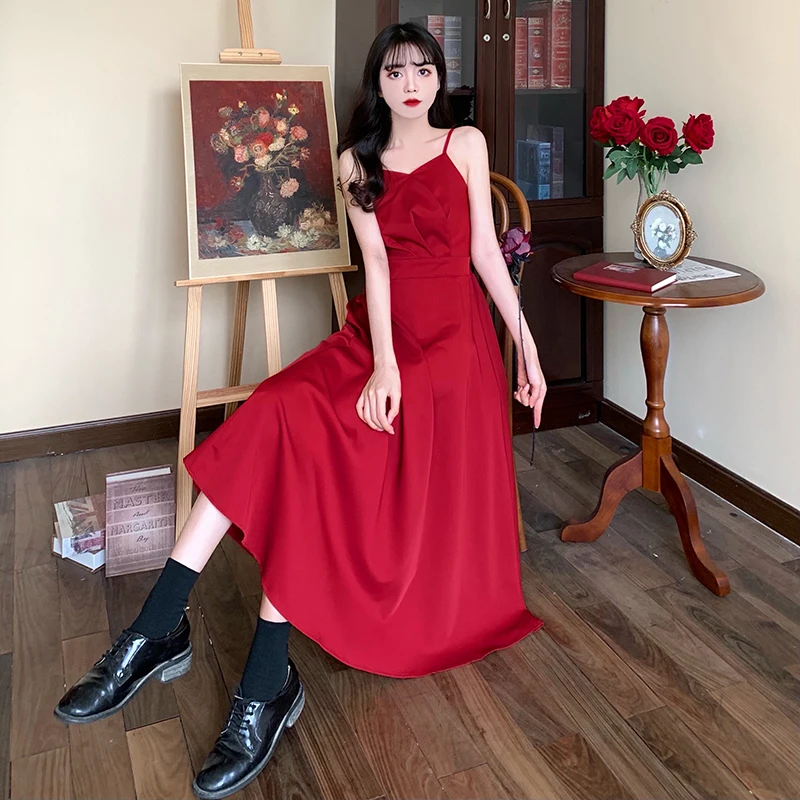 

Summer Red Fairy Elegant Dress 2023 Women Strappy Black Chic 2023 Slim Long Swing Backless Party Vacation Dresses Female New