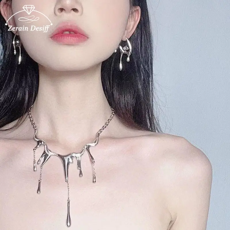 

Titanium Steel Liquid Irregular Fringe Necklace for Girls Love Earrings Fashion Accessory Choker Jewelry Set