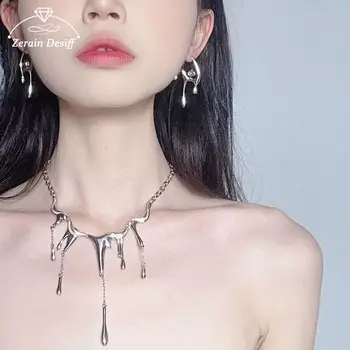 소녀용 티타늄 스틸 액체 불규칙 프린지 목걸이, 러브 귀걸이, 패션 액세서리, 초커 쥬얼리 세트