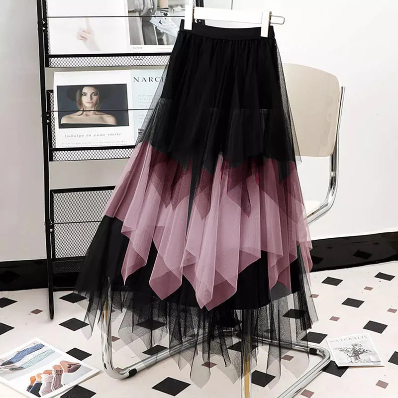 

Fashion Black Asymmetrical Skirt Women Elastic High Waist A Line Mesh Long Skirts Sexy Party Skirt Saia Feminina