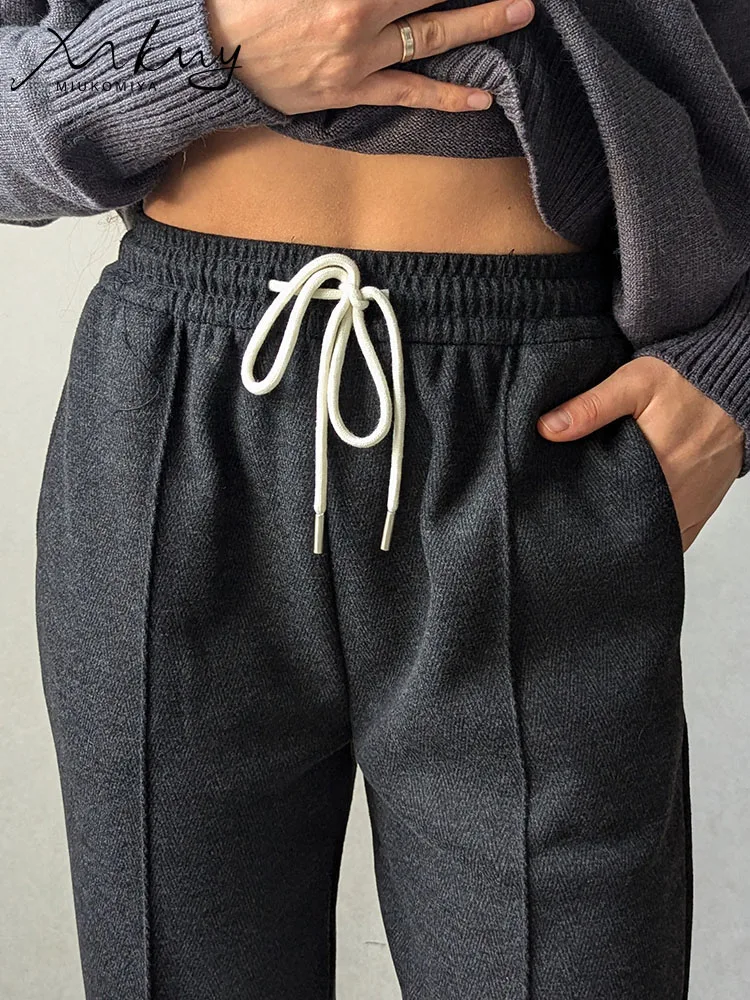 MiuKoMiYa Spring Gray Woolen Pants Women Wide Leg Straight Long Trousers Office Lady High Waist Women Beige Formal Pants Loose 2