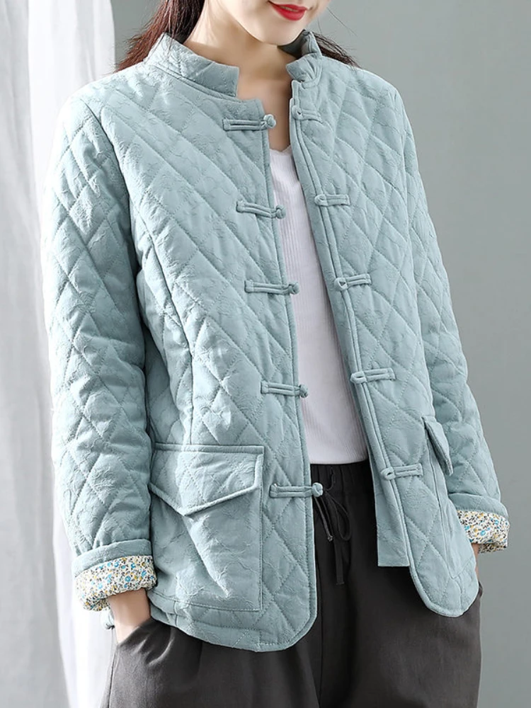 

Cotton Linen Blouse Clothing Winter Vintage Loose Warm Plaid Cotton Coat Women's Chinese Buckle Thick Jacket Casual Tops 2023