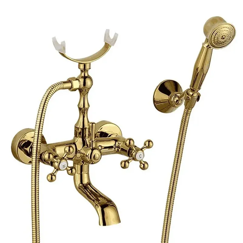 

Luxury Crystal Bathtub Faucet Gold Brass Faucet with Hand Shower Telephone Type Bath Faucets Sets Mixer Tap Wall Mounted Rotate