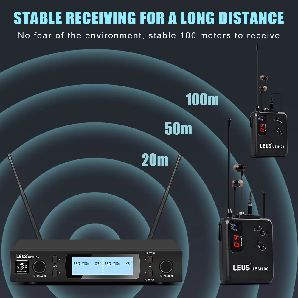 LEUS UEM100 UHF Mono Single Channel Wireless In-Ear Monitor System 100m Transmission Distance for DJ Stage Performance Studio