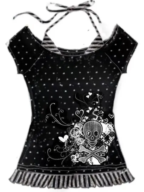 Gothic k Skeleton Polka Dot ort Sve One oulder Strap Fake Two-Piece T-irt Cool Sle Slim Fit Summer Top for Women