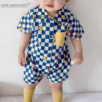 Summer 2023 New In! Cute Newborn Baby Boys' Short Sleeve Plaid Cartoon Print Romper Jumpsuits Kids Infant Cotton Clothes 1