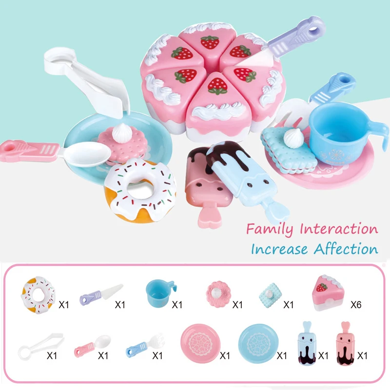 Kids Simulation Food Kitchen Toy DIY Pretend Play Set Cutting Birthday Cake Fries Pizza Game Educational Toy for Girls Gift