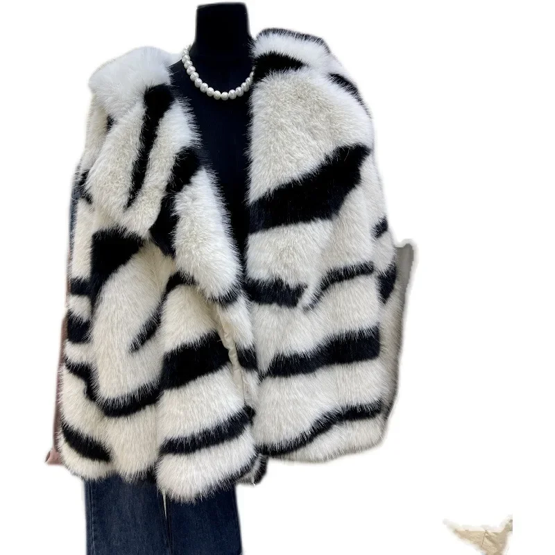 Winter Vintage Lapel Zebra Fur Coat Thick Warm Faux Fur Tops Fashion High Street Short Outerwear Full Sleeve Jacktes for Women