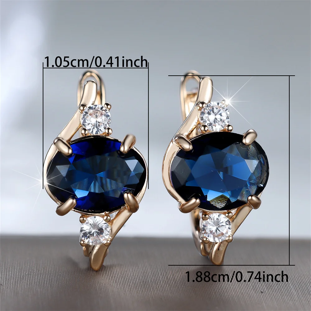 Blue Crystal Geometric Zircon Oval Stone Hoop Earrings For Women Vintage Gold Color Ear Buckle Wedding Jewelry Engagement Gifts