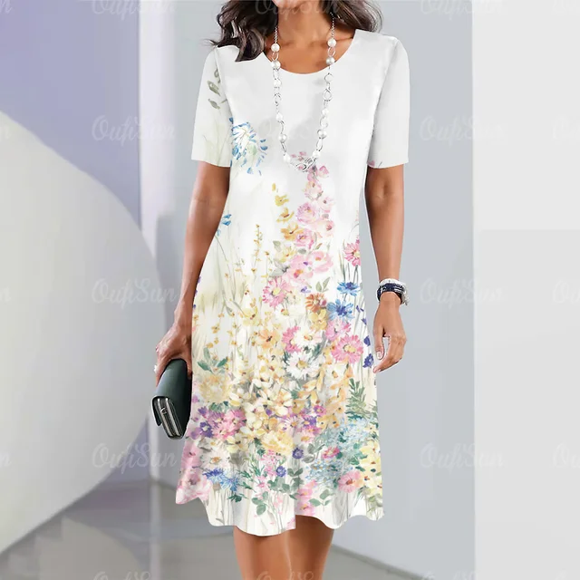 2024 Women’s Dress Summer Casual Loose Long Dress Evening Dress Elegant Beautiful Ladies Robe Short Sleeve Dress Flowers Print Ranked Product Recommendation