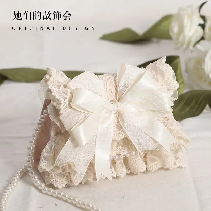Japanese Style Cosmetic Bags Color Pink Large Bow Elegant Lolita Handbag for Lady Fashion Solid Color Sweet Cute Women's Bag
