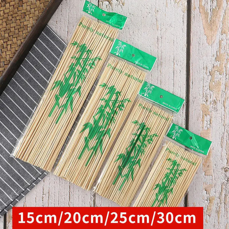 천연 대나무 꼬치 스틱, 튼튼한 바베큐 목재 파티 뷔페 음식, DIY 파티 도구 액세서리, 15cm, 20cm, 25cm, 30cm, 100pcs